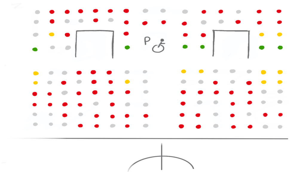 Drawing of a seat plan section with categorised seats.