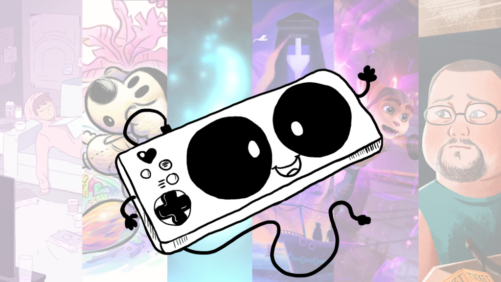 Images of various video games, with a comic-style gamepad above them.