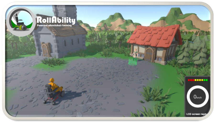 Screenshot of the game Rollability. One can see a game character in an electric wheelchair in front of two houses.