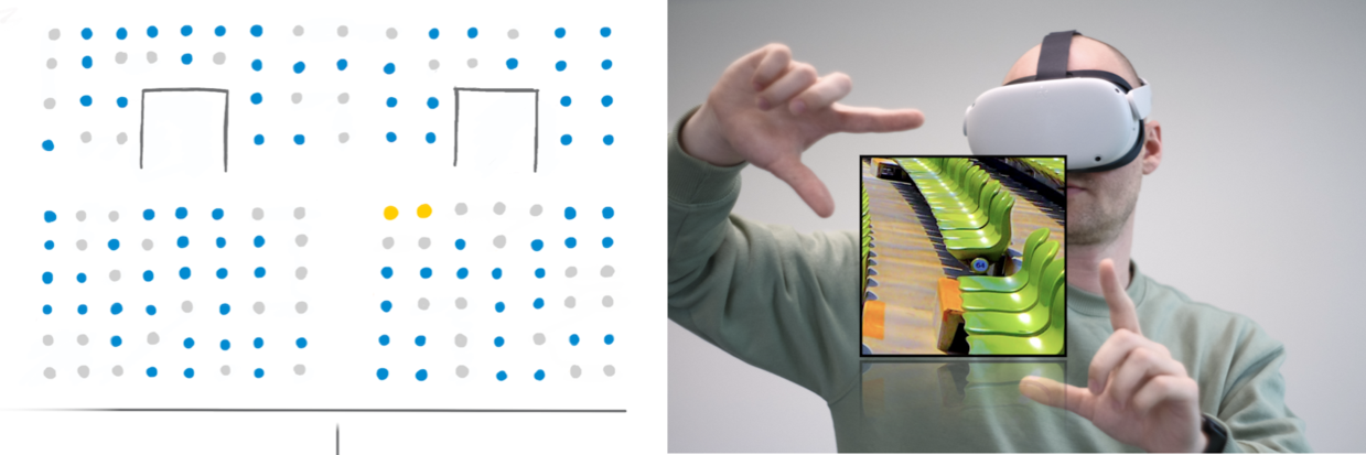 A drawing of a seat plan and an image of a person wearing a VR headset who points at an image of a seat.